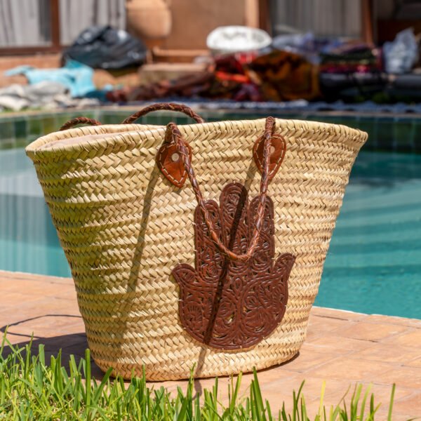 Straw tote Hand of Fatima brown